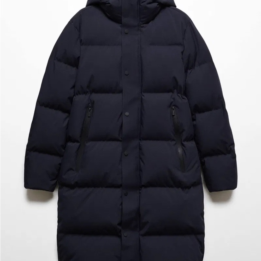 Mango Navy Long Puffer Coat with Hood